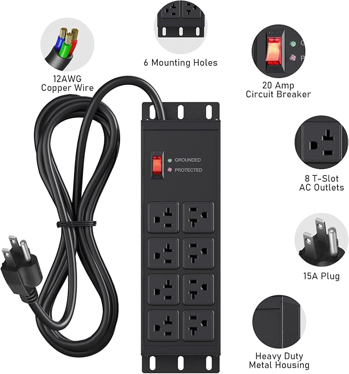 JUNNUJ Heavy Duty 20 Amp Surge Protector 4800J, Garage Metal 8 Outlets 12 Gauge, High Amp 5-15P Adapter Shop 6-20R T-Slot Industrial Outlet, 6 FT Extension Cord Commercial for Appliance
