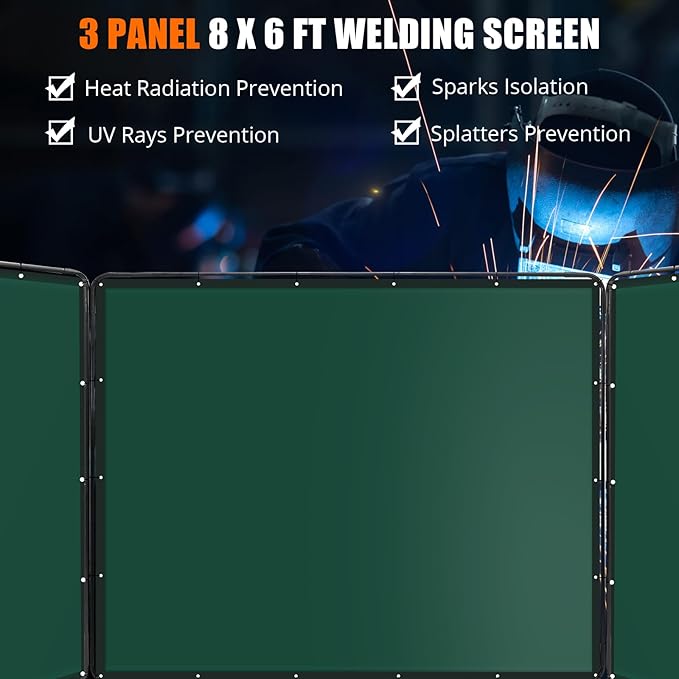 3-Panel 8x6ft Flame-Resistant Welding Screen with Lockable Wheels - Transparent PVC Welding Curtain & Steel Frame, Green Safety Partition for Workshops/Garages