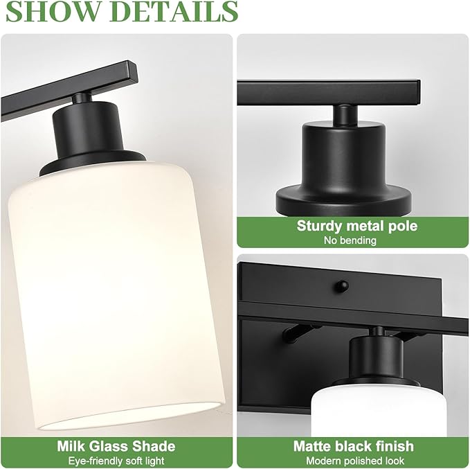 3-Light Bathroom Light Fixtures, Vanity Light with Milky White Shades, Matte Black Bathroom Light Fixtures Over Mirror, Modern Bathroom Wall Lamp for Mirror Living Room Cabinet Bedroom