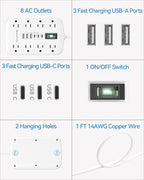 Short Extension Cord 1 ft, Small Power Strip Flat Outlet Extender Surge Protector with 8 AC Outlets 6 USB (5V/4.8A 24W), Mini Extension Cord Flat Wall Plug for Home Office Dorm Kitchen Bathroom