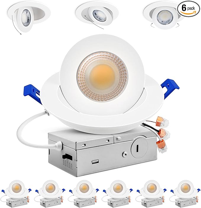 Adetu 4 inch 5CCT Gimbal Led Recessed Lights, 360°+90° Adjustable Directional Recessed Lighting, 2700K/3000K/3500K/4000K/5000K Dimmable Retrofit Eyeball Can Lights with Jbox, ETL(White, 6 Pack)