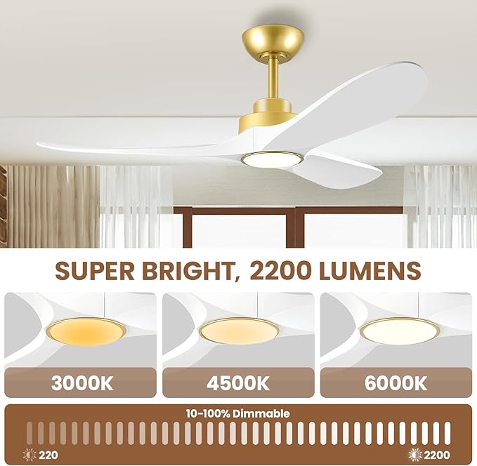 52" Ceiling Fans with Lights, Low Profile Modern Ceiling Fan with Remote Control, DC Motor, Reversible, 3CCT, Dimmable, Noiseless, Indoor Outdoor Ceiling Fans for Bedroom, Living Room, Dining Room