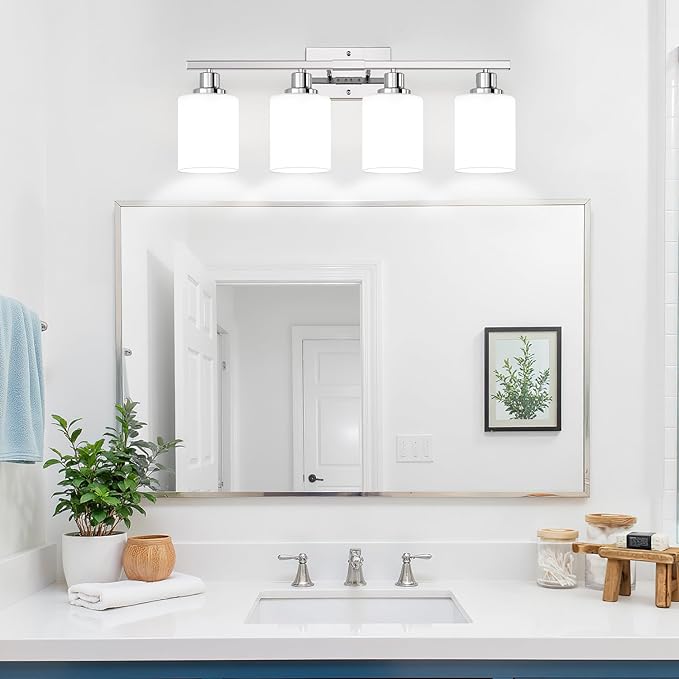 4-Light Vanity Light with Milky White Shades, Chrome Bathroom Lighting Fixtures Over Mirror, Modern Bathroom Wall Lamp for Mirror Living Room Cabinet Bedroom
