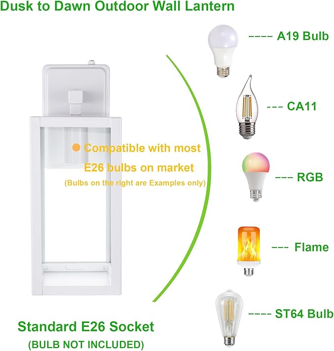 LIT-PaTH Dusk to Dawn Outdoor Wall Lantern, Wall Sconce as Porch Lighting Fixture, E26 Medium Base Max 60W, Anti-Rust Metal with Glass Shade, White, 1-Pack