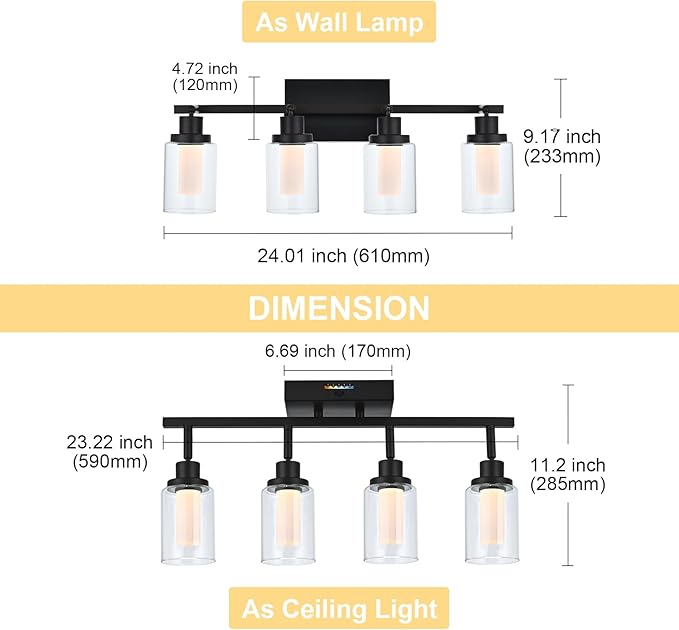 4-Light LED Black Dimmable Track Lighting Kit, 5-Color Temperature Adjustable Directional Ceiling Spotlight, Bathroom Wall Lamp with Integrated LED Chips