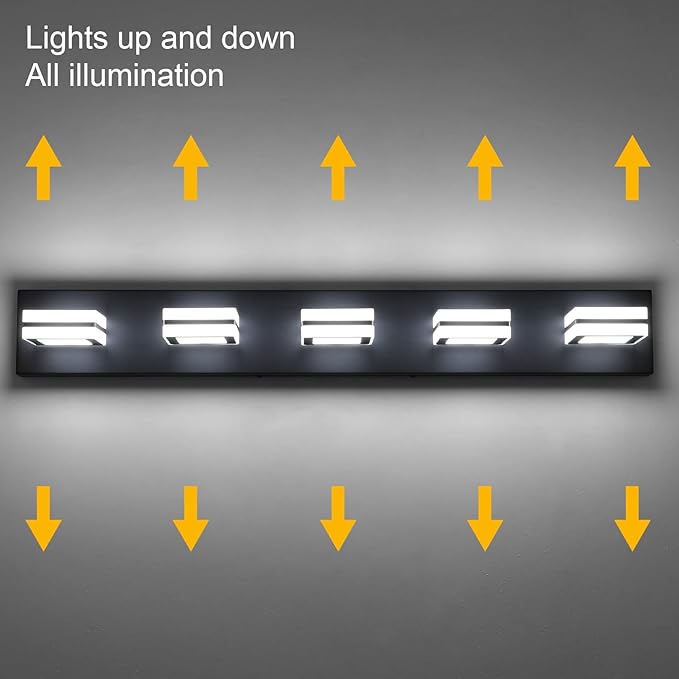 Ralbay Modern LED Black Vanity Light 5 Lights Modern LED Bathroom Vanity Lights Over Long Mirror Acrylic Up and Down Matte Black Bath Wall Lighting Fixtures