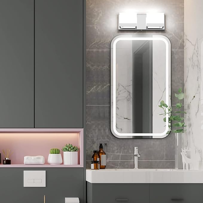 Tipace LED Dimmable Modern 2-Light Vanity Fixture for Bathroom - Frosted White Acrylic Chrome Up and Down Light Over Mirror (6000K)