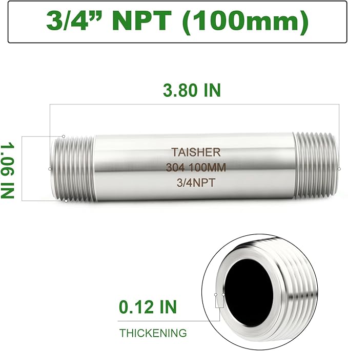 TAISHER 2PCS Stainless Steel Pipe Fittings, 3/4" NPT Male x 3/4" NPT Male Threaded, 4" Length Thickened Nipple Cast Pipe