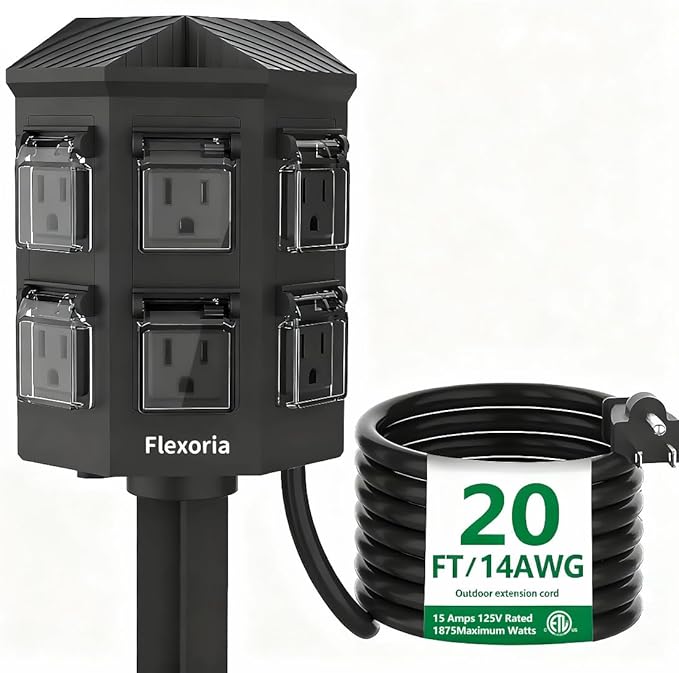 Outdoor Power Strip Waterproof, 20 FT Extension Cord, 6 Grounded Outlets for Halloween/Christmas Decorations and Inflatables, 15A/1875W, ETL Listed