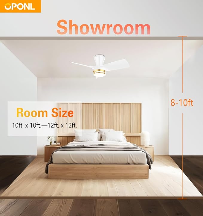 30" White low profile Ceiling Fan with Light, with Gold Trim Ring, Large Air Volume, flush mount ceiling fan for Bedroom Kitchen Dining room Patio