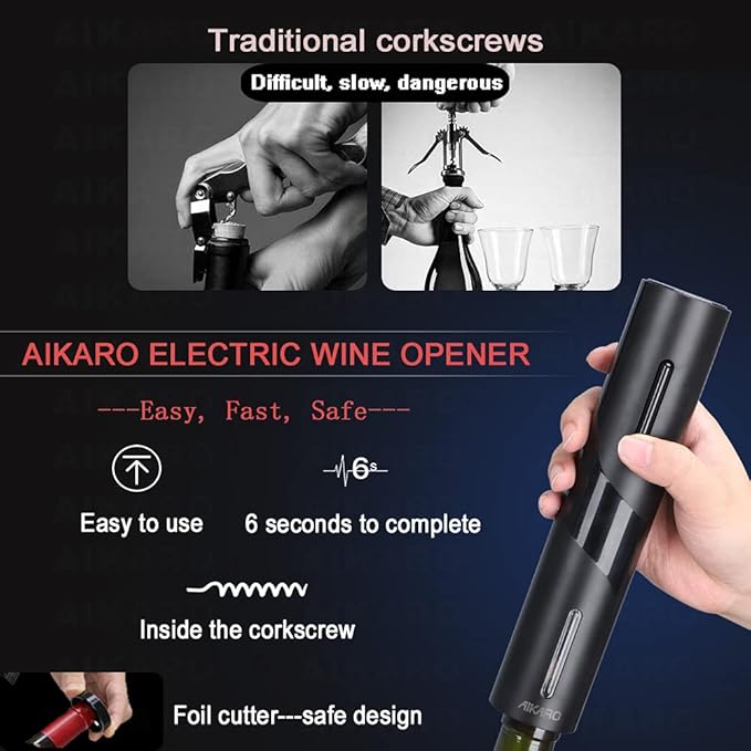 AIKARO - Electric Wine Bottle Opener Automatic Electronic Corkscrew, Battery Operated (Set)