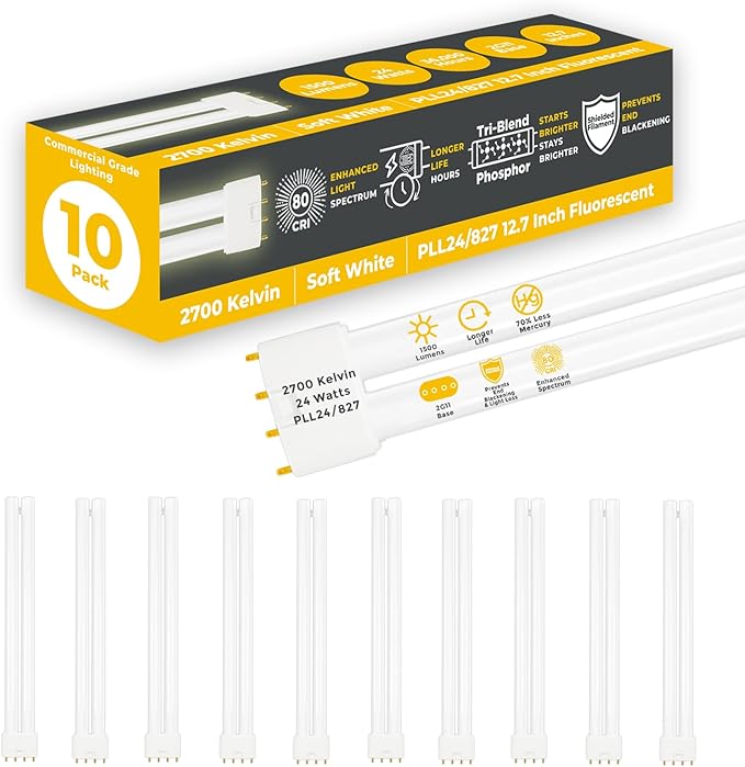 GoodBulb PLL24/827 | 24W 12.7" Twin Tube Compact Fluorescent Light Bulb | 4-pin 2G11 Base 2700K Soft White 1500 Lumen | 36000 Hour Long Life Biax | Pack of 10