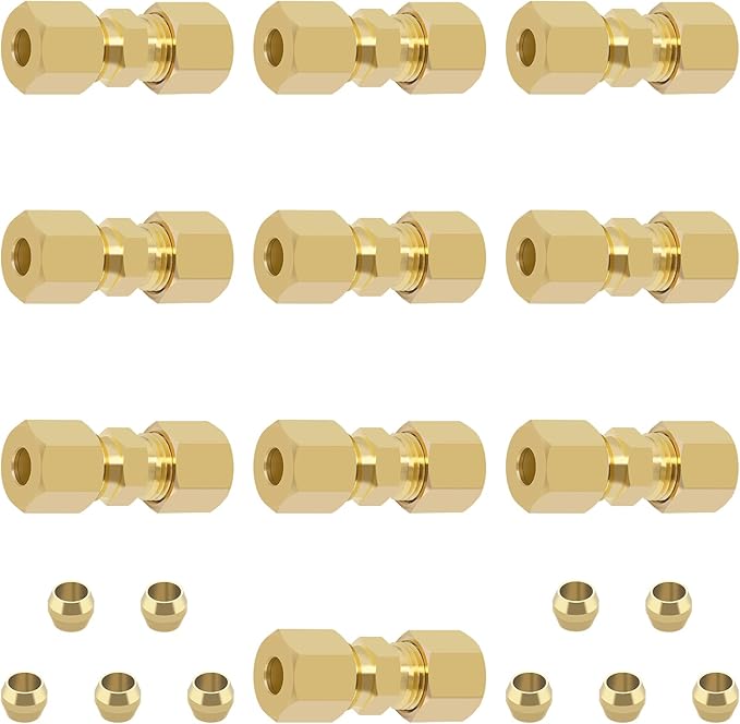 Brass Compression Tube Fitting, 10 PCS 3/16" OD x 3/16" OD Compression Union Connectors & 10 PCS Compression Sleeves Ferrules