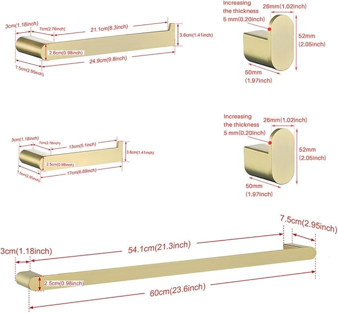 RANDOM Brushed Gold Towel Bar Set 5 Piece Bathroom Hardware Set Include 9.8/23.6 Inch Towel Holder Toilet Paper Holder and 2 Towel Hooks Stainless Steel Bathroom Accessories Kit Wall Mount