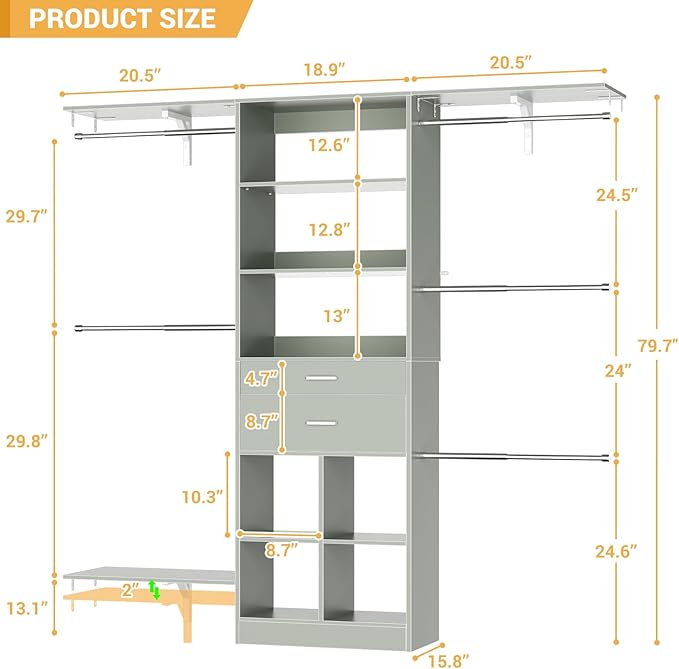 Small Closet System - 5FT Closet Organizer System with Wooden Drawers, 60 Inches Walk In Closet System With 5 Hanging Rods, Can Fit 1.58 to 6.8 FT with Reversible Hanging Shelving, Crab Green