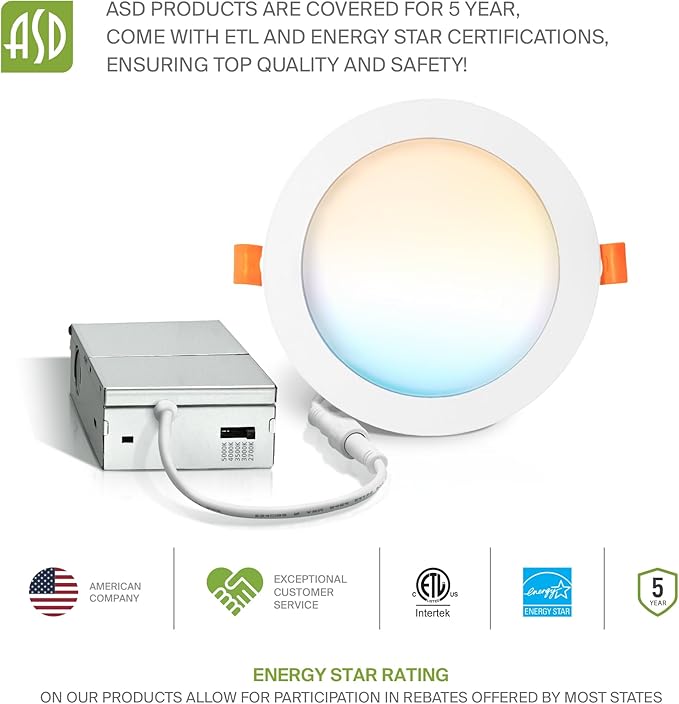 ASD 6 Pack LED Recessed Lighting 6 Inch 12W, 5 CCT 2700K-5000K CRI90+, IC Rated Ultra Thin Dimmable Ceiling Lights with J Box, Canless Wafer Downlight, Round Slim Panel Light, Energy Star ETL, White