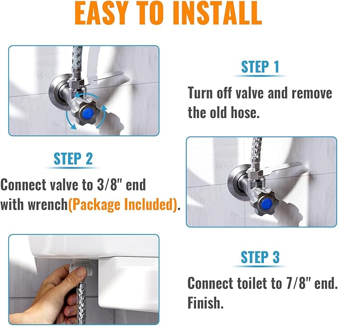 SUNGATOR 16'' Toilet Water Supply Line, 7/8" Ballcock x 3/8" Compression Toilet Hose Connector, 16 Inch Braided Stainless Steel Water Supply Line with 1 Wrench and Sealing Tape(1 Pack)