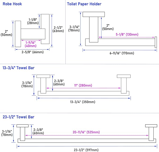 Suyar Bathroom Hardware Set Brushed Nickel, 304 Stainless Steel Bathroom Accessories 4 Pieces, Include Robe Hook, Toilet Paper Holder, Hand Towel Holder, Towel Bar, Wall Mount