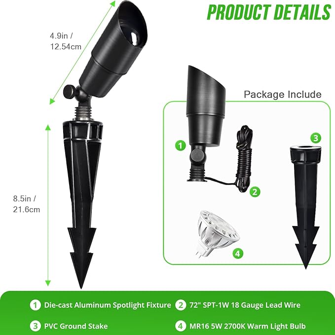 wowlite Matte Black Aluminum Outdoor Spot Lights with 4 Light Bulbs, 5W 2700K Warmlight 12V Low Voltage Landscape Lighting Fixture, IP65 Waterproof LED Uplights for Garden Courtyard Pathway, 4 Pack