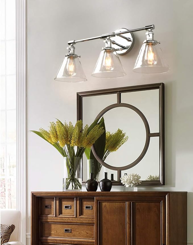 Phansthy 3-Light Wall Sconces Antique Brass Vanity Light, Industrial Wall Lamps with On Off Switch and Clear Glass Lampshade, Vintage Wall Lighting for Bathroom Living Room (Chrome, Cone Shade)