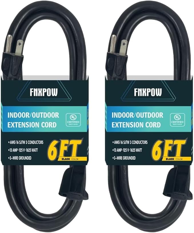 Indoor Outdoor Extension Cord 6 FT Waterproof, 16/3 Gauge Heavy Duty Black Extension Cords, 13A 1625W SJTW Extension Cord with 3 Prong Grounded Plug, Great for Tools, Lights, UL Listed, 2PK