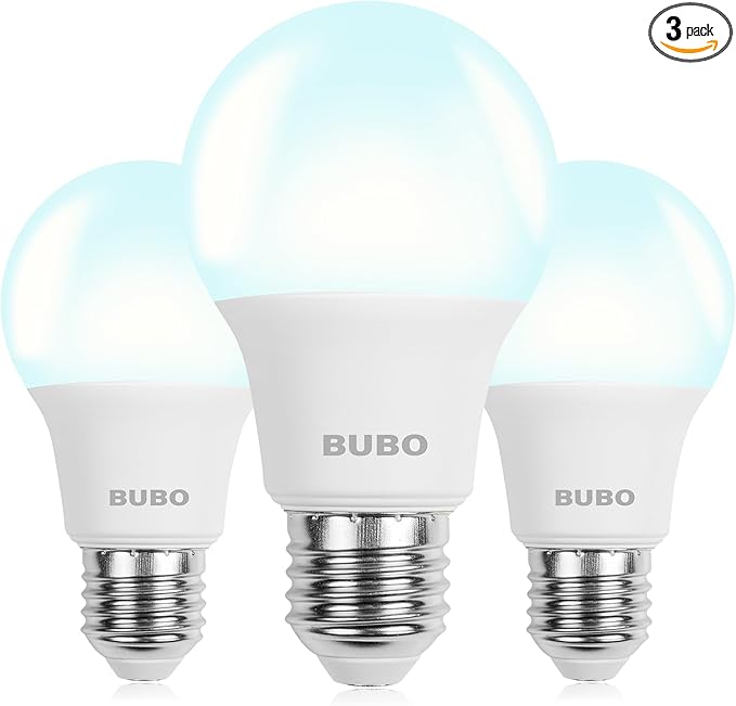 BUBO A19 LED Light Bulbs, 60 Watt Equivalent LED Bulbs, Daylight 5000K, 800 Lumens, E26 Standard Base, Non-Dimmable, 8W Daylight LED Bulbs for Bedroom Living Room Home Office, 3 Pack