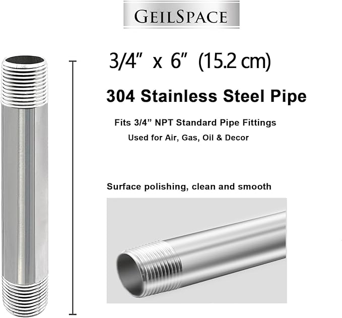 GeilSpace 3/4" x 6" Stainless Steel Pipe, 304 Pipe Nipple Fits Standard 3/4 Inch Threaded Pipes and Fittings, DIY Industrial Metal tube (2 PCS)