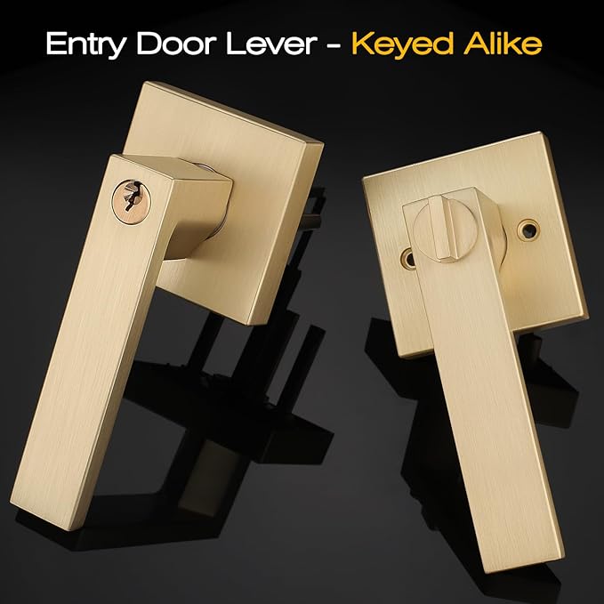 EHOMEWARE 5 Pack Entry Door Levers with Keys for Exterior Front Doors All Keyed Same, Satin Brass Finish, Keyed Alike for Bedroom Bathroom Interior Doors, Modern Gold Door Handles
