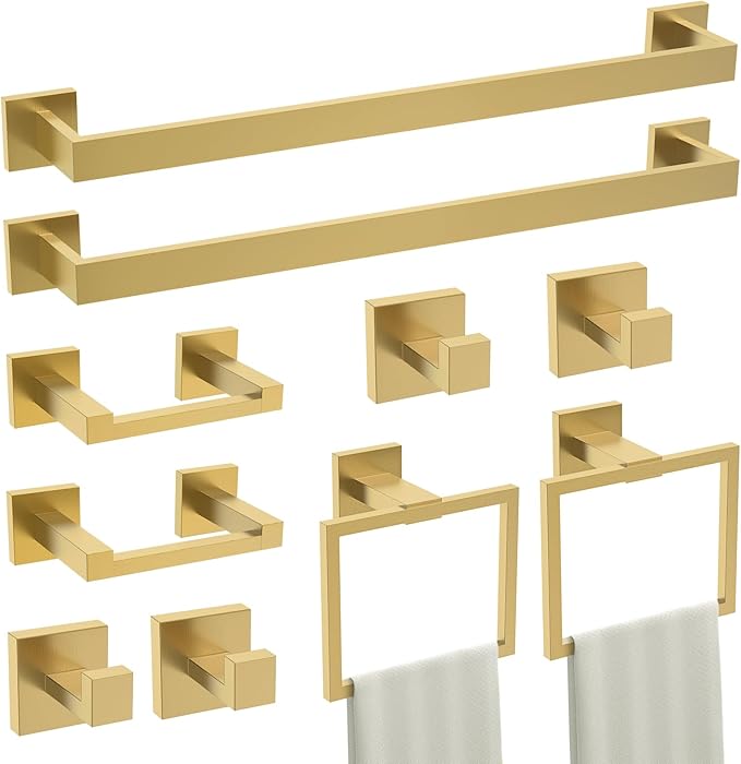 TURS 10-Piece Bathroom Hardware Accessories Set Brushed Gold Towel Bar Holder Set SUS304 Stainless Steel Towel Racks for Bathroom Wall Mounted, 23.6-Inch