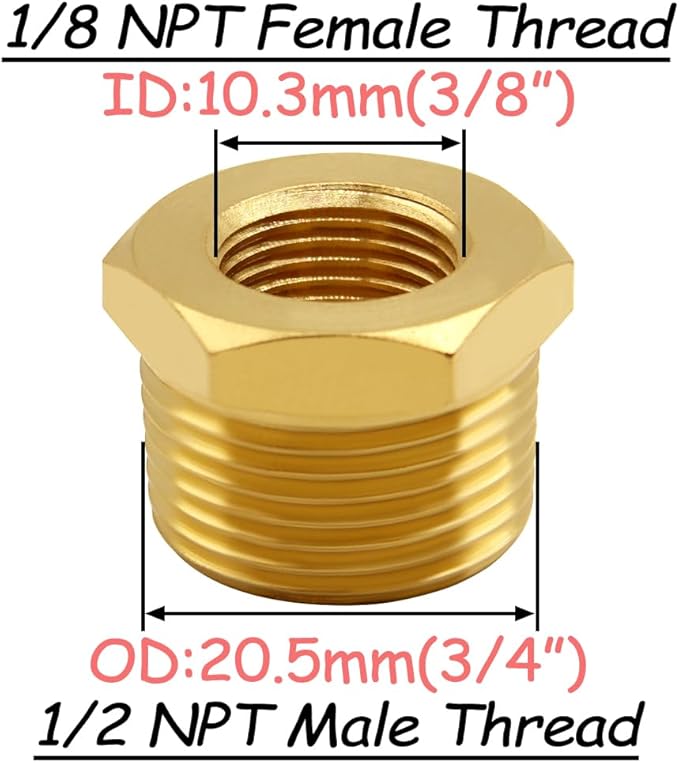 4PCS Brass Reducer Bushing, 1/2" NPT Male to 1/8" NPT Female Thread, Hex Reducing Convert Adapter Pipe Fitting Connector for Water/Oil/Gas