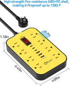 8-Outlets Heavy Duty Power Strip with 6 USB Ports(3 USB-C), Industrial Surge Protector Power Strip 15 Amps/1700 Joules, 6 Ft Multi-Plug Electric Extension Cord Wall Mount for Workshop Garage (Yellow)