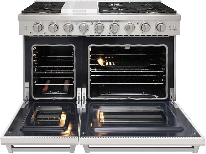 48 Inch Pro-Style Propane Gas Range with 6 Burners & 1 Griddle Cooktop, Double 4.6 cu. ft. and 2.2 cu. ft. Oven, in Stainless Steel - KOS-48RG03MLP (White)