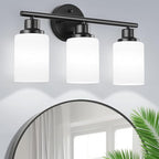 3-Light Bathroom Light Fixtures, Black Vanity Lights for Mirror with Textured Milky White Glass Shade, E26 Base Modern Kitchen Light Fixtures Wall Sconce Light