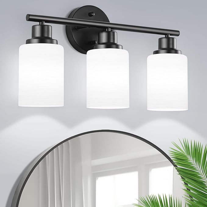 3-Light Bathroom Light Fixtures, Black Vanity Lights for Mirror with Textured Milky White Glass Shade, E26 Base Modern Kitchen Light Fixtures Wall Sconce Light