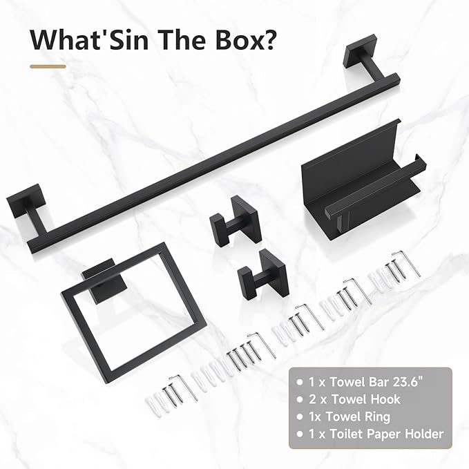 TQKAG 5-Pieces Matte Black Bathroom Hardware Accessories Set 23.6" SUS304 Stainless Steel Towel Bar Set Wall Mounted Square Toilet Paper Holder with Shelf