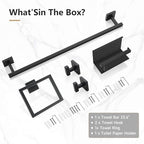 TQKAG 5-Pieces Matte Black Bathroom Hardware Accessories Set 23.6" SUS304 Stainless Steel Towel Bar Set Wall Mounted Square Toilet Paper Holder with Shelf