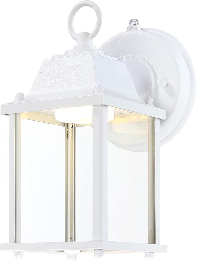 LIT-PaTH Dusk to Dawn Outdoor Wall Lantern, LED Wall Sconce, 3000K Warm White, 9.5W, 800 Lumen, Aluminum Housing Plus Glass, Outdoor Rated, 2-Pack, White