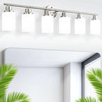 6-Light Brushed Nickel Vanity Lights for Mirror, Bathroom Light Fixtures with Textured Milky White Glass Shade, Modern Kitchen Light Fixtures Wall Sconce Light - E26 Base