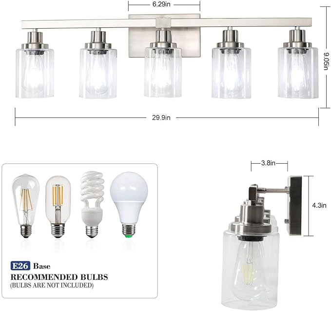 Bathroom Vanity Light, 5-Light Nickel Modern Matte Wall Sconce Lighting with Clear Glass Shade, Wall Lights,Bath Vintage Wall Mounted Lamps for Mirror Bedroom Living Room