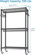 VIPEK R2 Medium Rolling Clothes Rack Heavy Duty Clothing Rack for Hanging Clothes Adjustable Metal Wire Shelving Portable Closet with Wheels Side Hooks, Freestanding Closet Wardrobe, Black