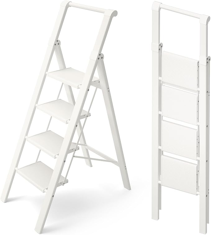HillhutApex 4 Step Foldable Aluminum Step Ladder with Handgrip, Anti-Slip Pedal, 330 lbs Capacity, Lightweight & Portable for Home, Kitchen, Office, Garage (White)