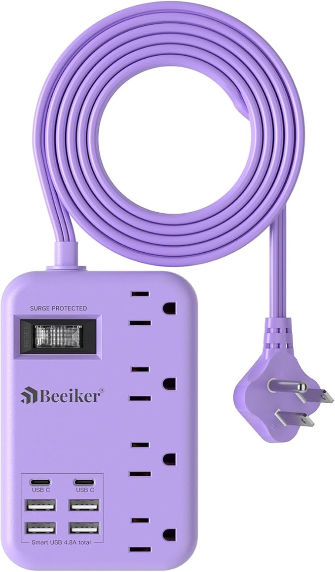 6 USB(2 USB C) Purple Travel Power Strip- 5Ft Lavender Extension Cord with 24W USB Charging Station and 4 Outlets, Purple Desk Accessories with Surge Protector for Cute Kawaii Office Dorm Room