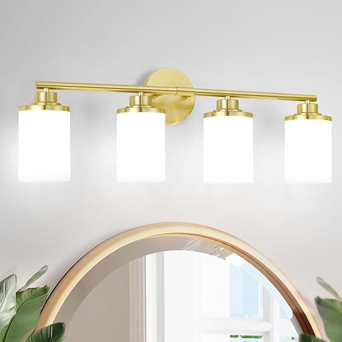 Modern 4-Light Vanity Light Fixtures with Frosted Glass, Brushed Gold Bathroom Sconces Over Mirror
