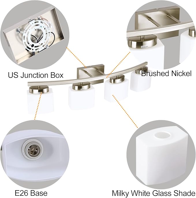 4-Light Brushed Nickel Vanity Light Fixture with White Glass Shade for Bathroom Over Mirror, 31.5 Inches