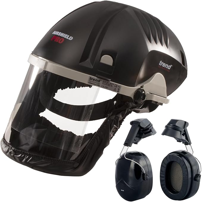 Trend Airshield Pro Full Air Circulating Face Shield w/ Ear Defenders - Complete Face and Hearing Protection Pack, AIR/PRO/D2