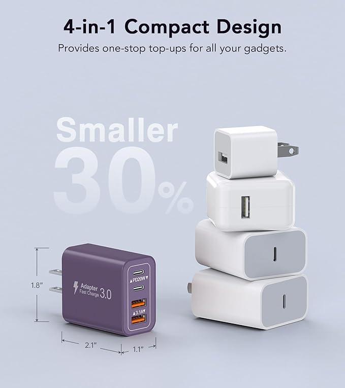 [2Pack] 40W USB C Plug,4-Port Fast Charger Block PD+QC 4 Port Charger Cube Wall Charging Box Brick for Samsung Galaxy S22/S21+/S21 Ultra,Magsafe Wireless Charger,iPhone 17/16/16 Pro Max/15/14(Purple)