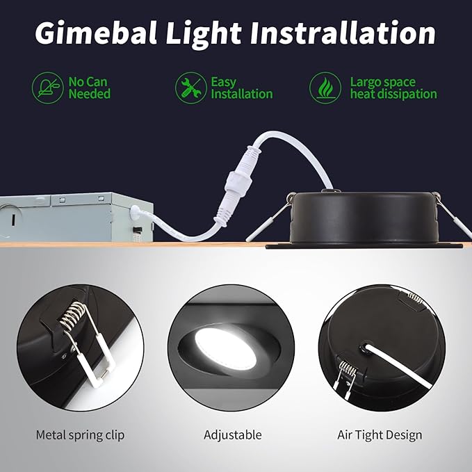 Black Recessed Lighting Square 4 inch 6 Pack,Canless Gimbal Recessed Lights,dimmable, 5CCT Selectable,9W 750LM