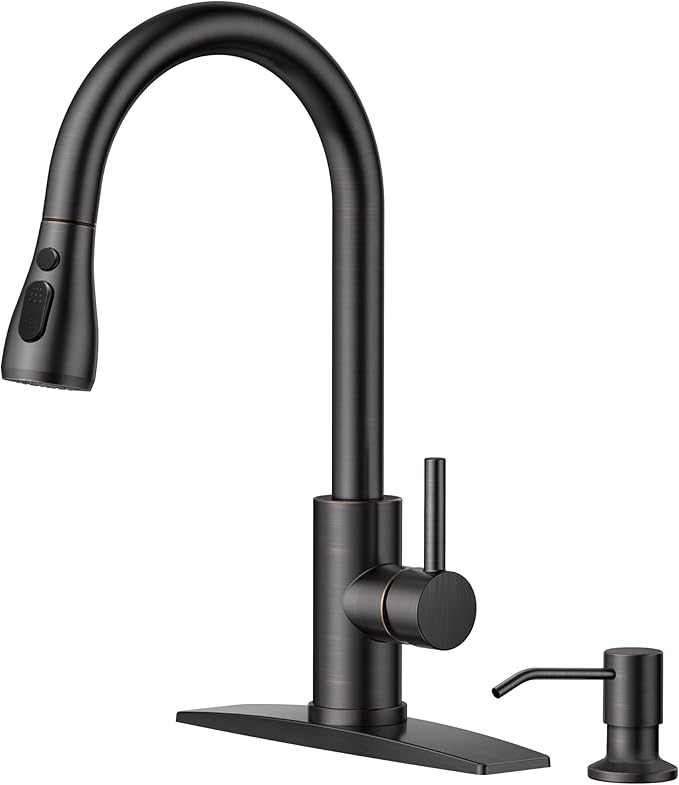 FORIOUS Kitchen Faucet with Soap Dispenser, Single Handle Stainless Steel Transitional Sink Faucet with Pull Down Sprayer 1 or 3 Hole, Suitable for Farmhouse Laundry Camper RV Bar, Oil Rubber Brown