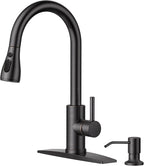 FORIOUS Kitchen Faucet with Soap Dispenser, Single Handle Stainless Steel Transitional Sink Faucet with Pull Down Sprayer 1 or 3 Hole, Suitable for Farmhouse Laundry Camper RV Bar, Oil Rubber Brown