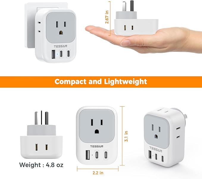 TESSAN Australia New Zealand Plug Adapter (No Voltage Conversion), Type I Power Adaptor with 4 Electrical Outlets 3 USB Charger (2 USB C) for US to Australian AU Argentina Fiji China Cook Islands